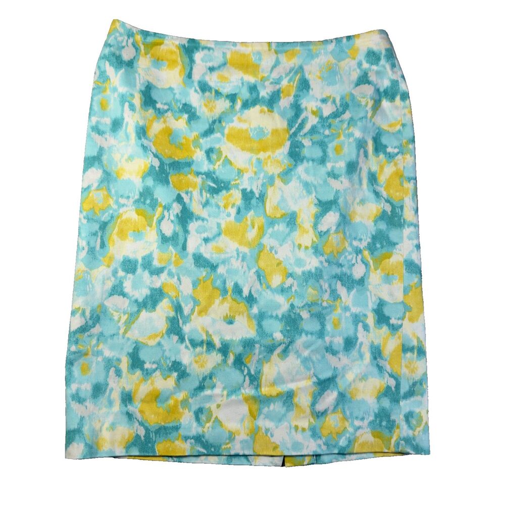 Talbots Skirt Womens 8 Blue Yellow Floral Stretch Slit Lined Pencil Mini Pretty